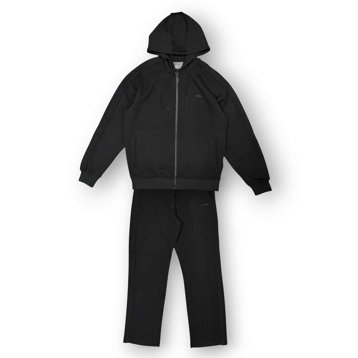 GUESS - Tuta completa Uomo, con cappuccio, con banda laterale logata nero su nero, Col.Nero