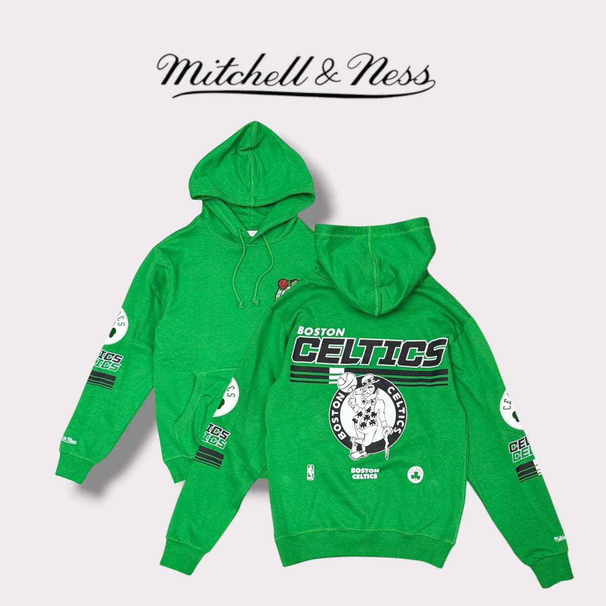 MITCHELL & NESS - Felpa Uomo BOSTON CELTICS con cappuccio e stampa schienale, tex.felpato, Col.Verde