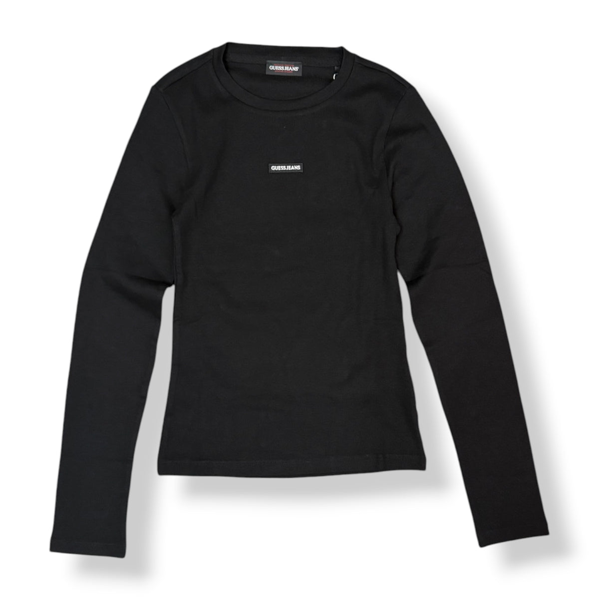 GUESS JEANS- T-shirt Donna, manica lunga, tex.costine, con targhetta frontale piccola, Col.Nero