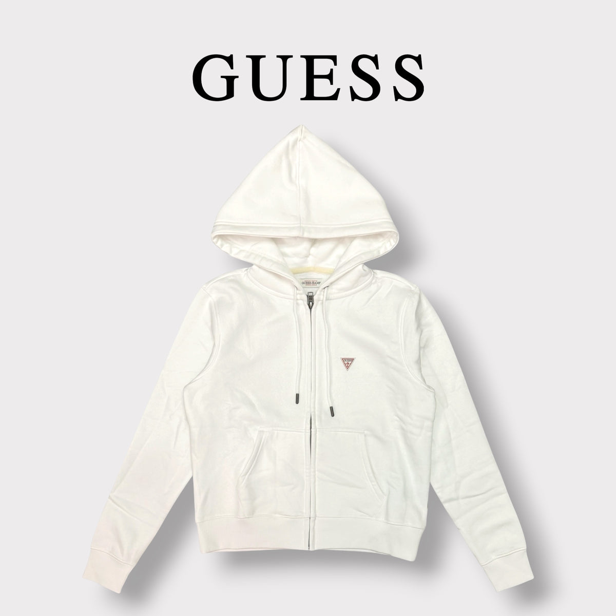 GUESS - Felpa Donna, con zip e cappuccio, tex.Felpato, col.Bianco