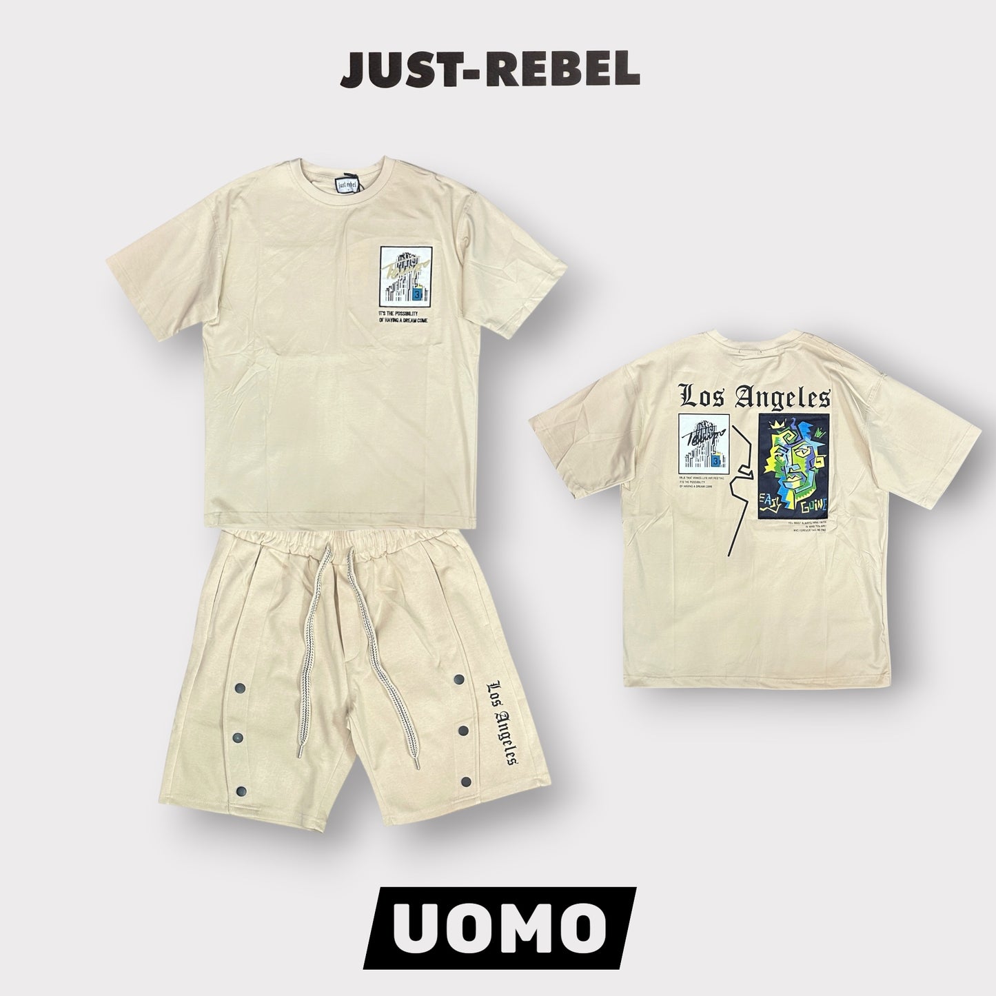 JUST REBEL - Completino estivo Uomo con stampa schienale, Col.Beige