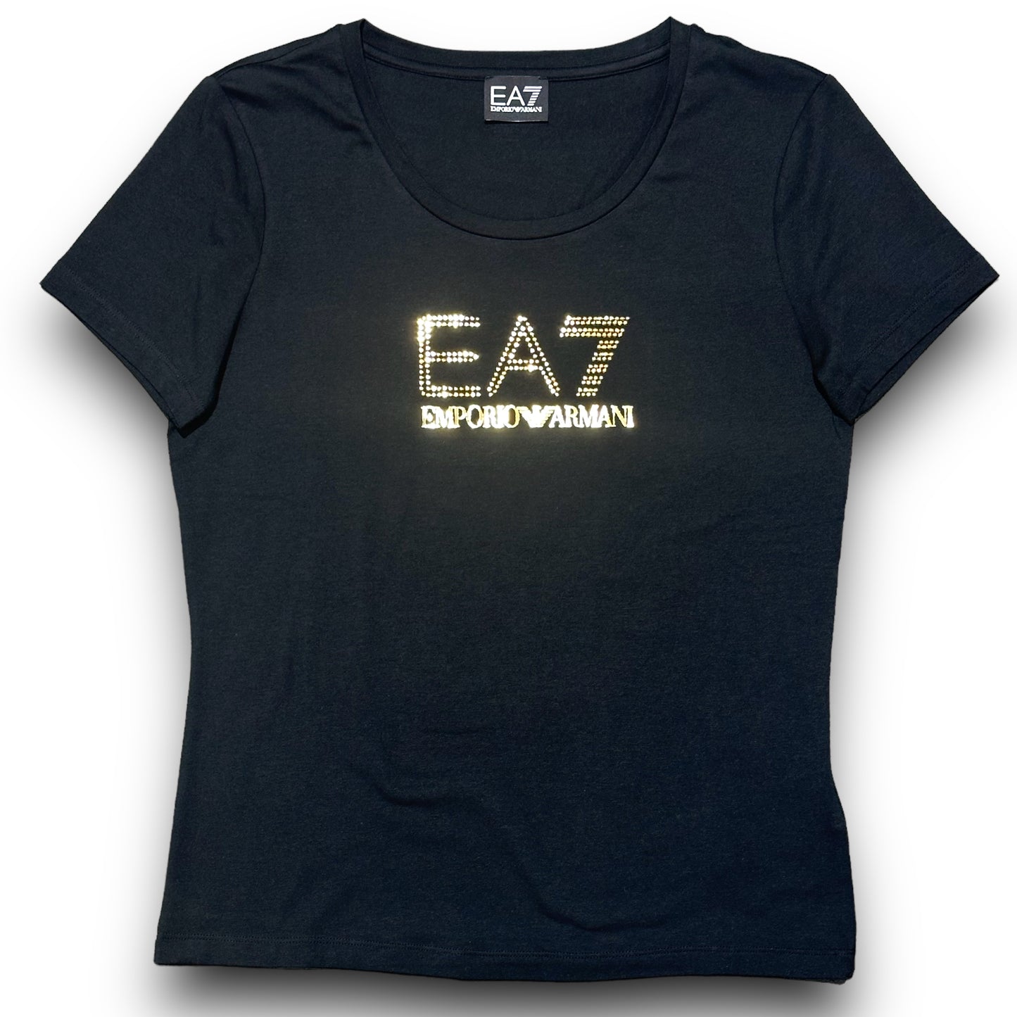 T-shirt EA7 Emporio Armani Donna Nera con stampa brillantinata oro frontale in rilievo, SlimFit