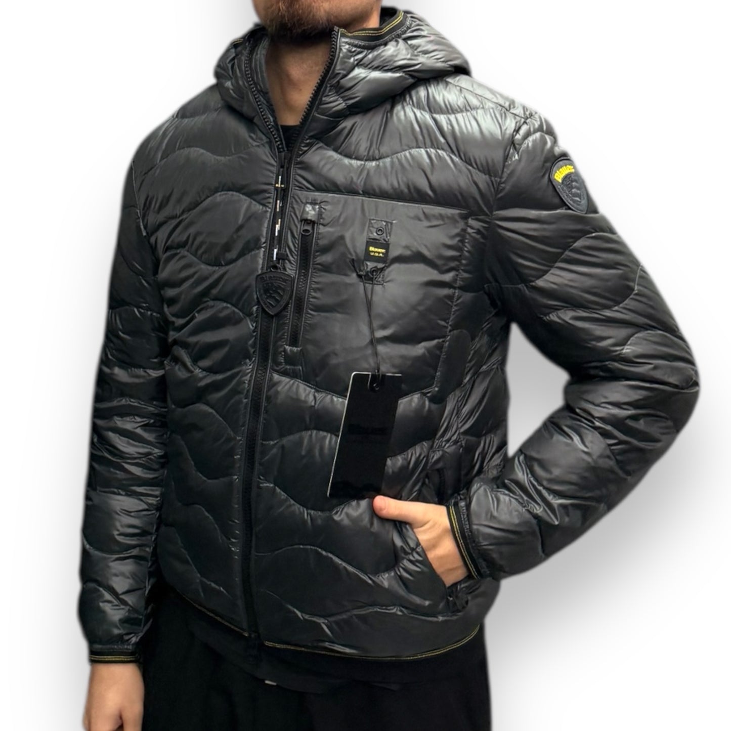 Giubbotto BLAUER con trama ad onde, Col.Verde/Piombo (imbott. Piuma - 2025)