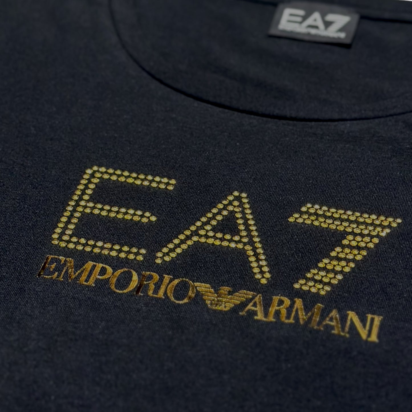 T-shirt EA7 Emporio Armani Donna Nera con stampa brillantinata oro frontale in rilievo, SlimFit