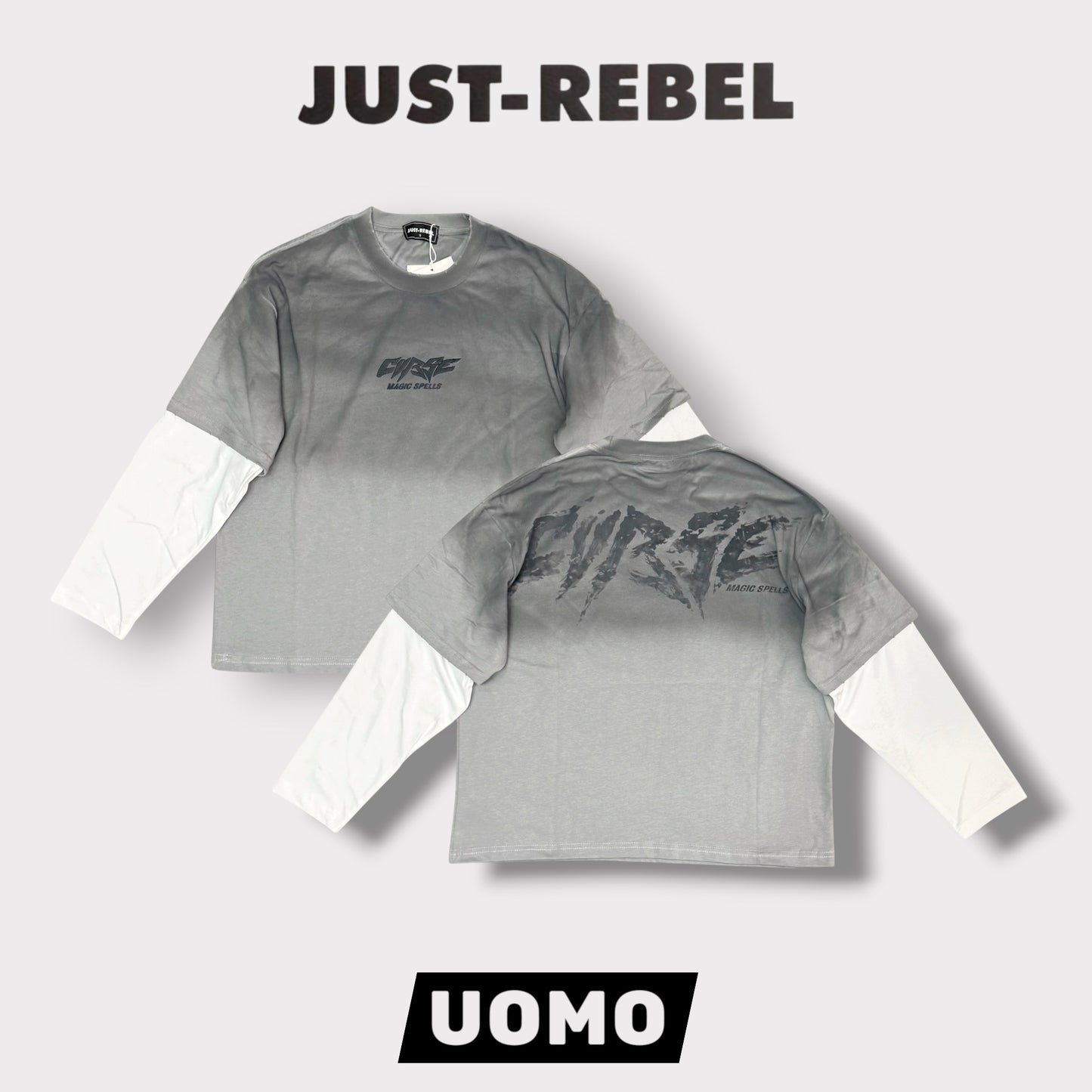 JUST RIBEL - T-Shirt Uomo, (veste comoda), con stampa schienale, Col.Grigio