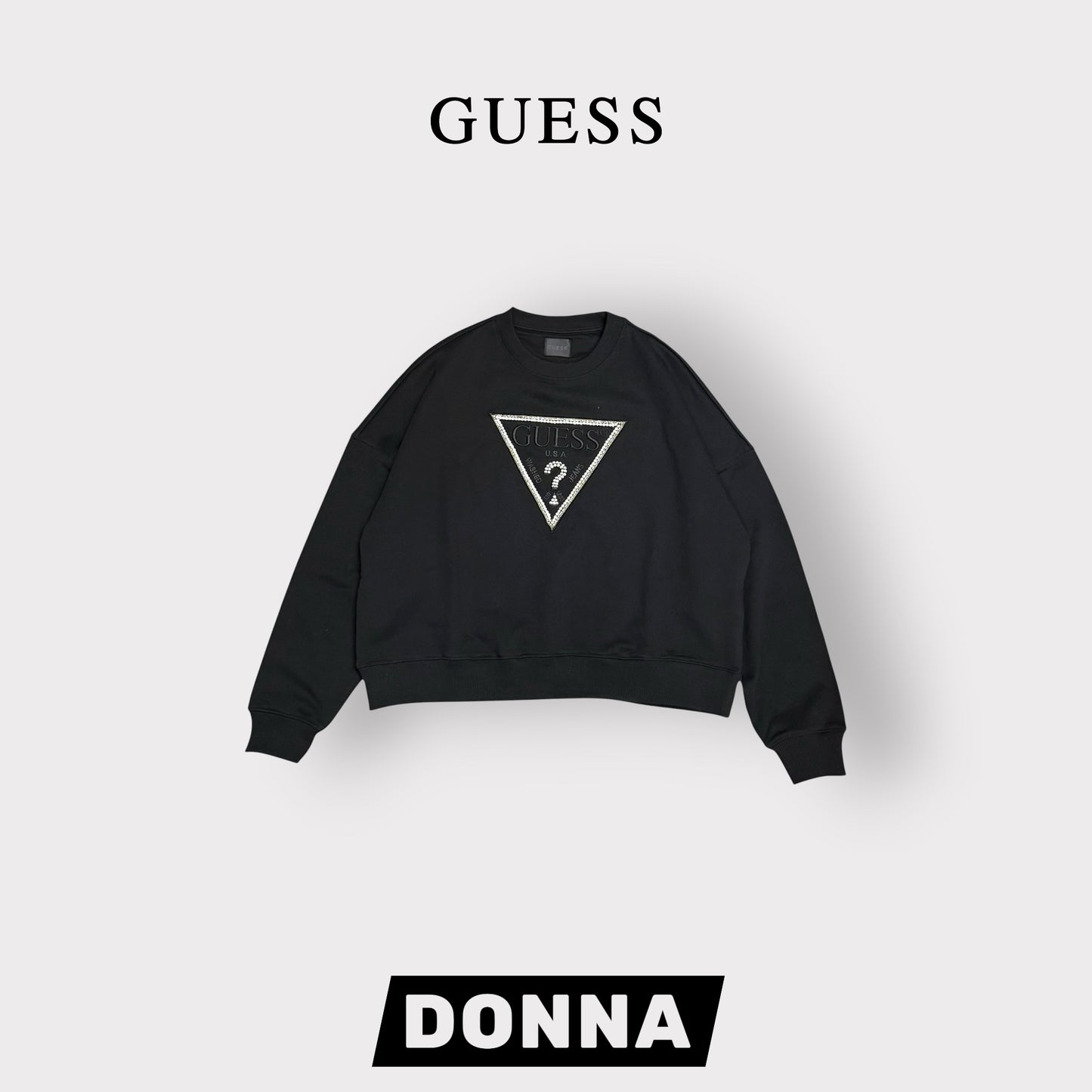 GUESS-Felpa Donna, girocollo, con applicazioni e ricamo frontale, tex.cotone garzato, Col.Nero
