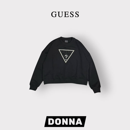 GUESS-Felpa Donna, girocollo, con applicazioni e ricamo frontale, tex.cotone garzato, Col.Nero