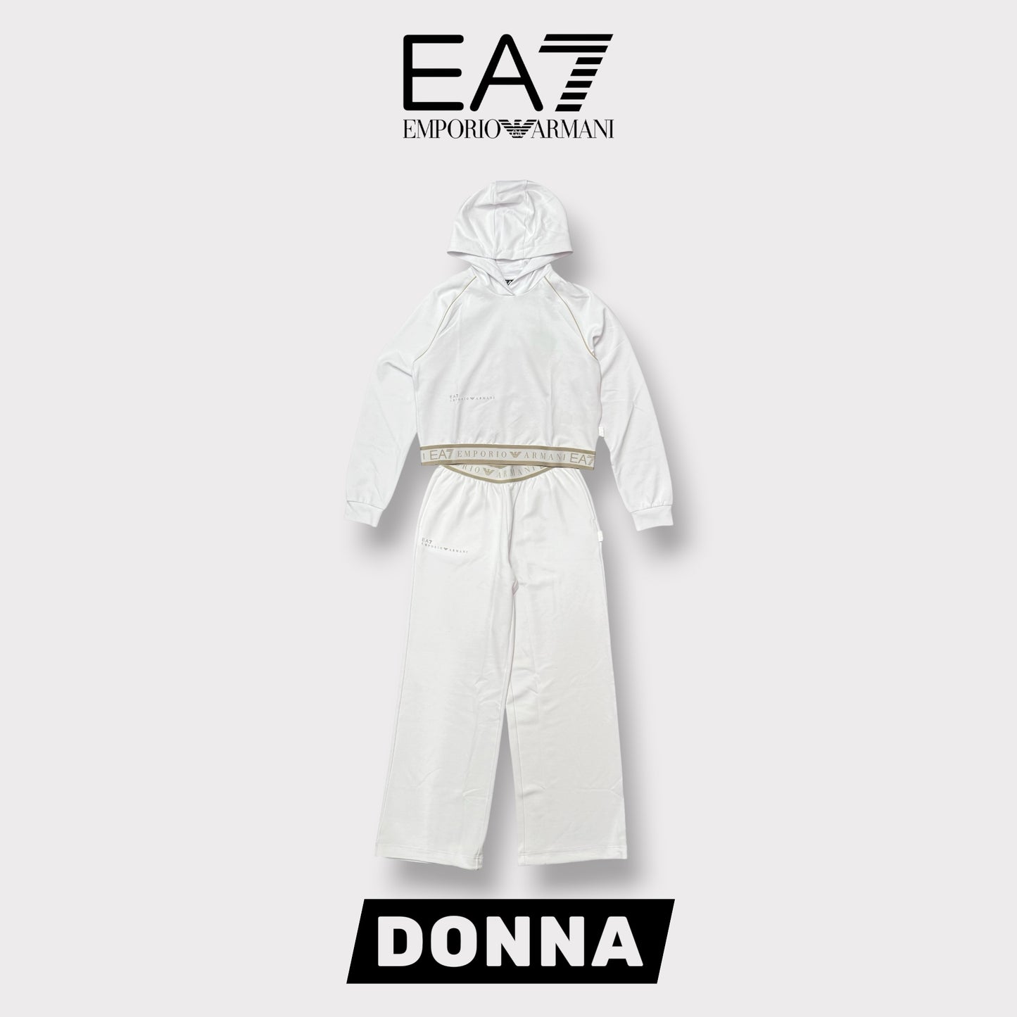 EA7 EMPORIO ARMANI- Tuta completa Donna con cappuccio e pantalone a palazzo, primaverile, col.Bianco