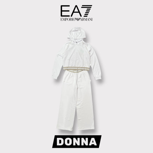 EA7 EMPORIO ARMANI- Tuta completa Donna con cappuccio e pantalone a palazzo, primaverile, col.Bianco