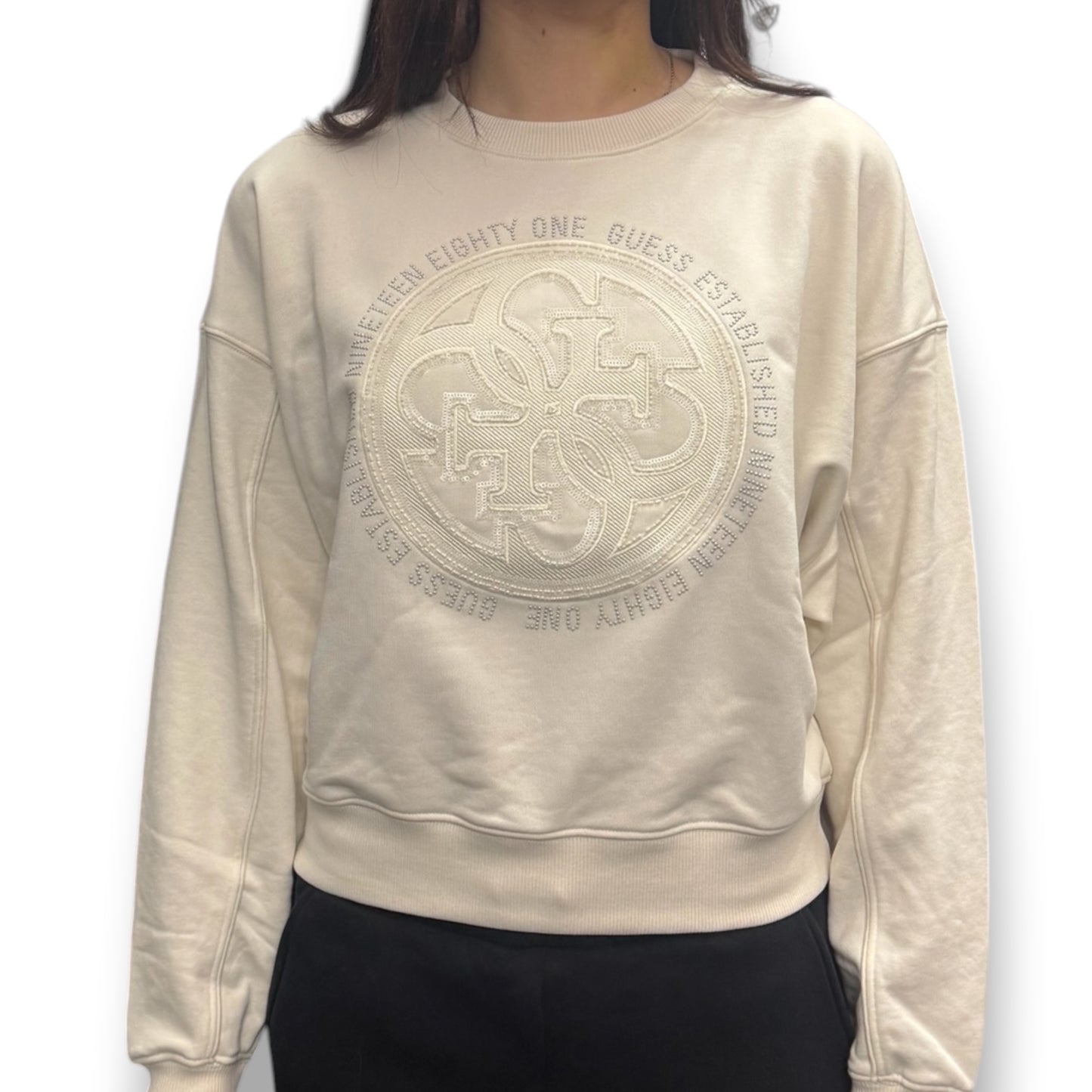 GUESS-Felpa estiva Donna, girocollo, con ricamo frontale e paillettes, tex.cotone garzato, Col.Panna