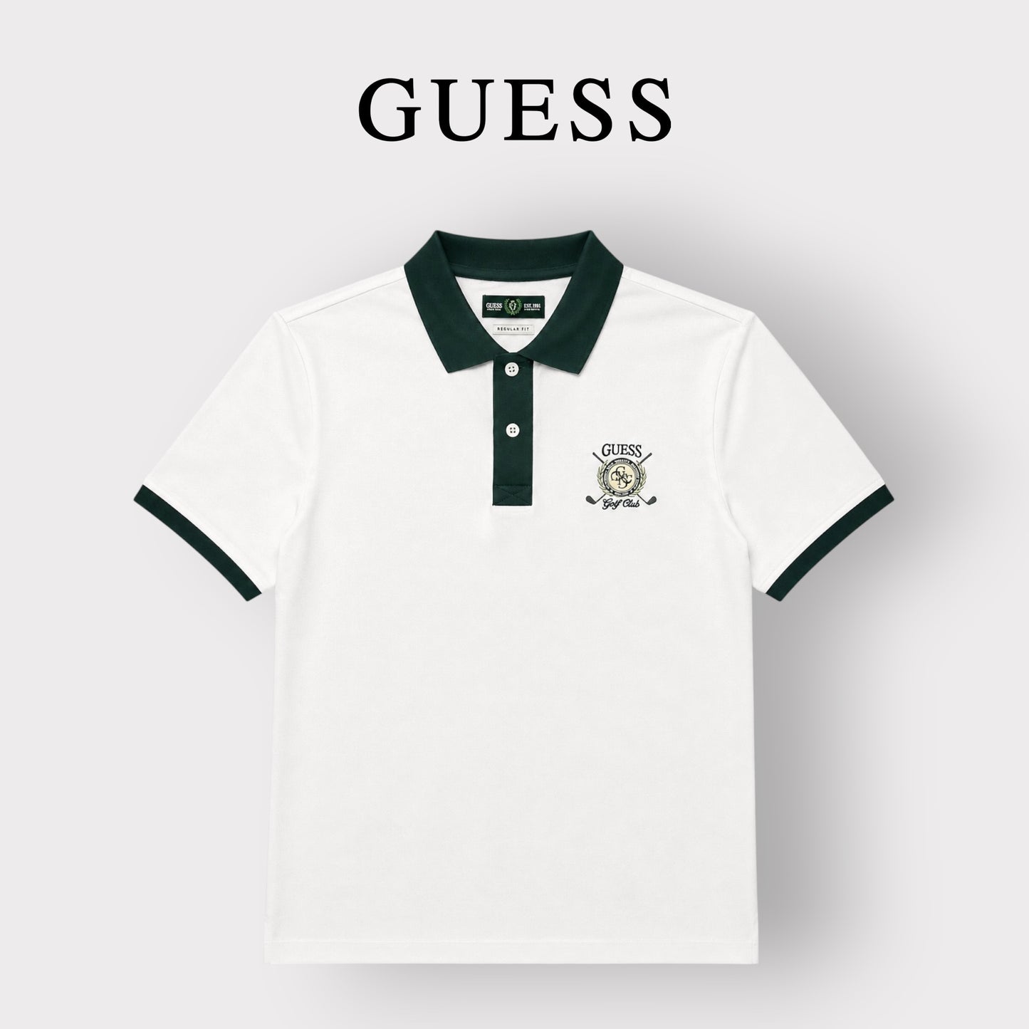 GUESS- Polo Uomo, Regular Fit, con logo lato cuore stampato e colletto verde, Col.Bianco