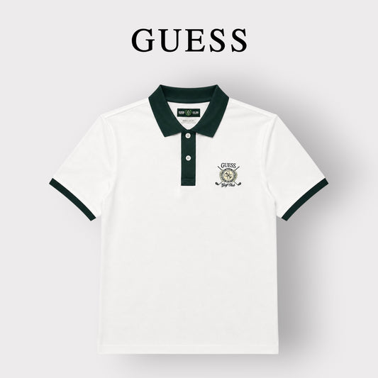 GUESS- Polo Uomo, Regular Fit, con logo lato cuore stampato e colletto verde, Col.Bianco
