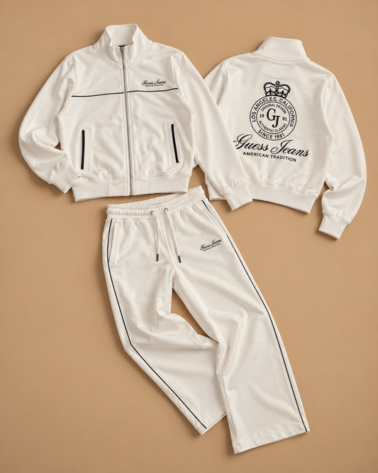 GUESS- Tuta completa Donna, con stampa schienale, pantalone fondo largo, Col.Bianco