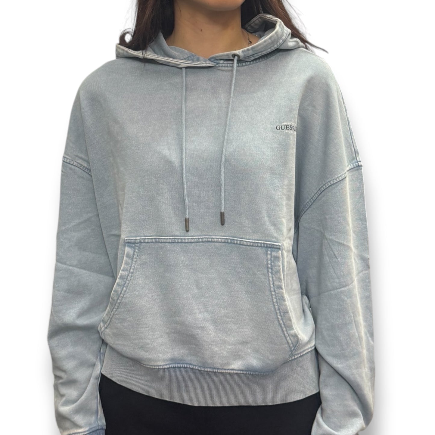 GUESS-Felpa estiva Donna, con cappuccio e stampa lato cuore e sulla schiena, tex.cotone garzato, effetto jeans