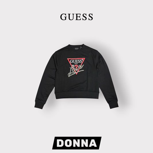 GUESS-Felpa estiva Donna, girocollo, con applicazioni e stampa frontale, tex.cotone garzato, Col.Nero