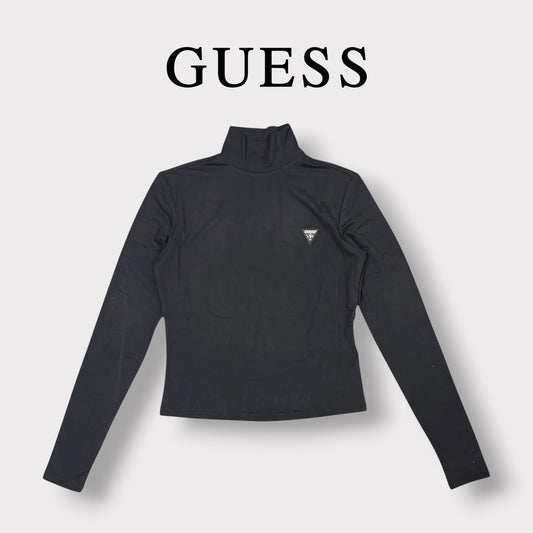 GUESS- T-shirt Donna, manica lunga, con colletto, logo lato cuore, Col.Nero