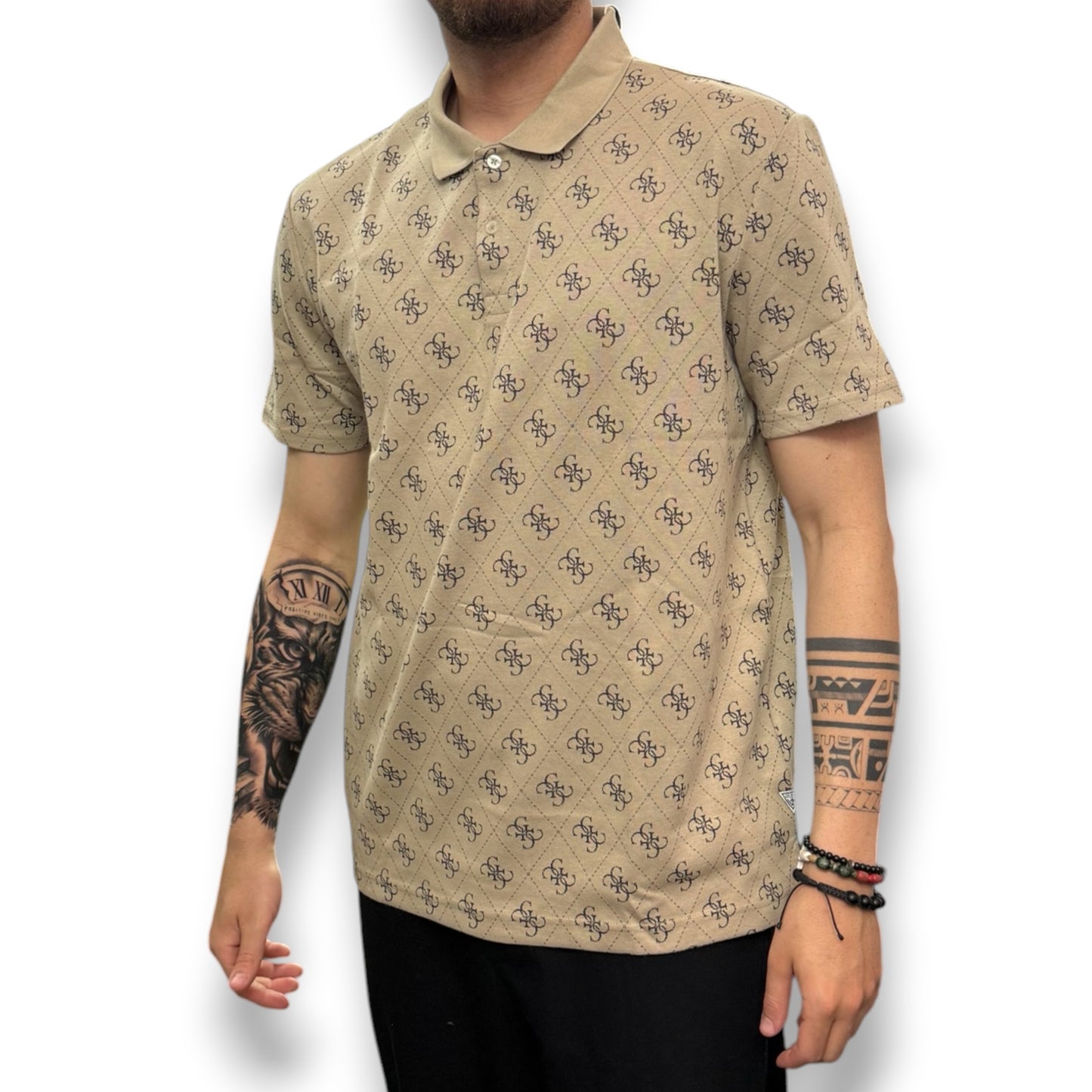 GUESS- Polo Uomo, in maglina, Regular Fit, col.Beige a fantasia