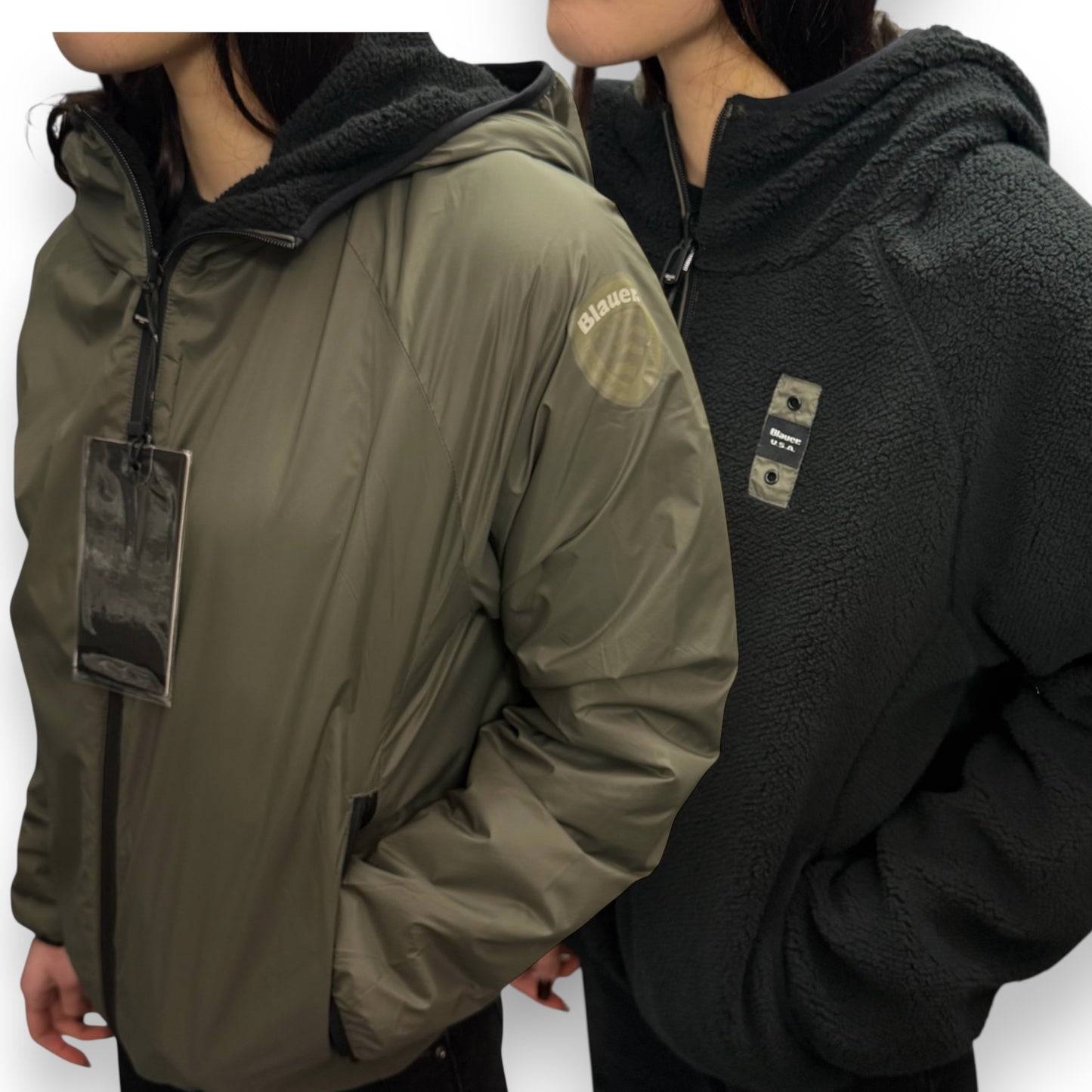 Giubbotto Blauer Donna, Double Face con interno teddy, Col.GreenGrey (oversize, veste grande)
