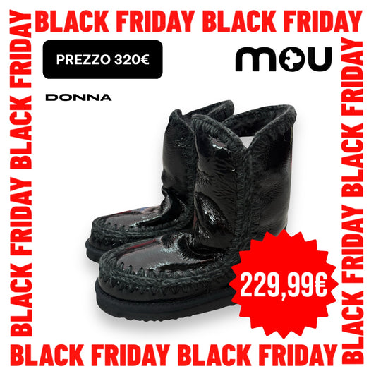 Stivaletto MOU Donna, Eskimo 24 ,Vera pelle di montone, Col. Nero lucido (patent black), Logo Rhinestone