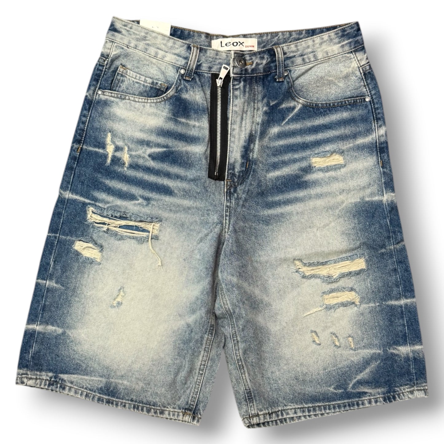 LEOX - Bermuda Uomo Baggy Fit con finta zip e rotture (lunghezza sotto ginocchio), Col.Blu Denim Sabbiato