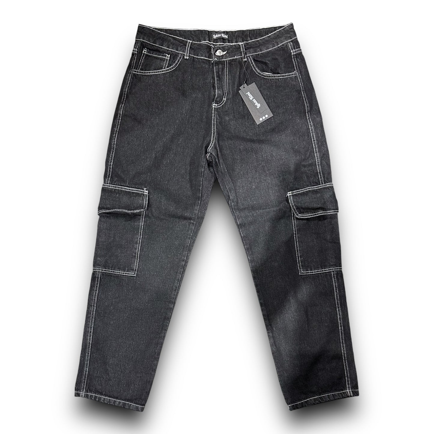 Jeans Lukas Kimi Uomo in Denim Nero con cuciture a contrasto, Cargo BaggyFit