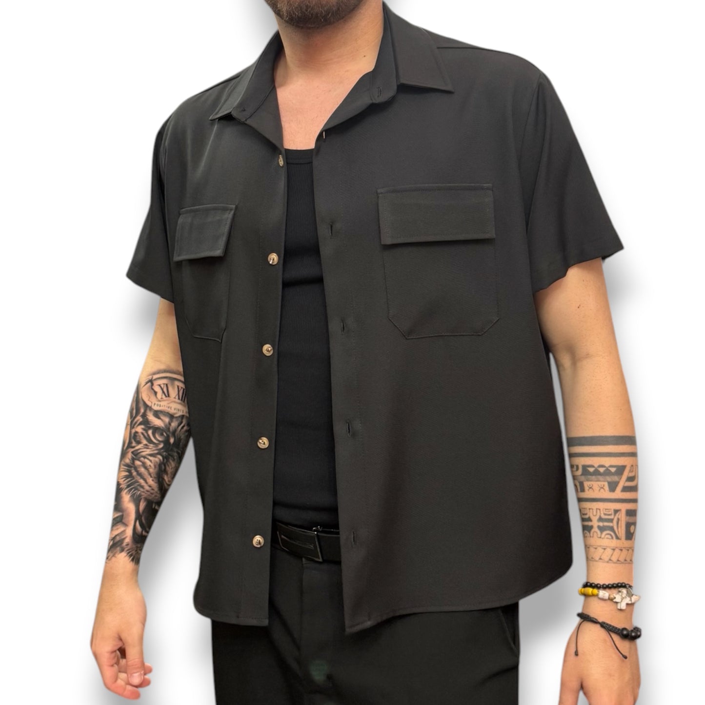 AFTER 91- Camicia Uomo mezza manica,Boxy Fit, Col.Nero