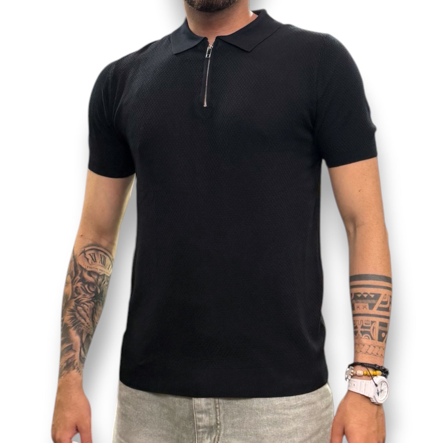 BRUNO LEONI - Polo Uomo con mezza zip, in filo, Col.Nero