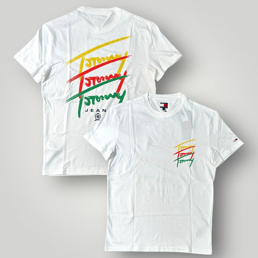 T-shirt TOMMY JEANS, con stampa multicolor lato cuore e dietro la schiena , Col.Bianco