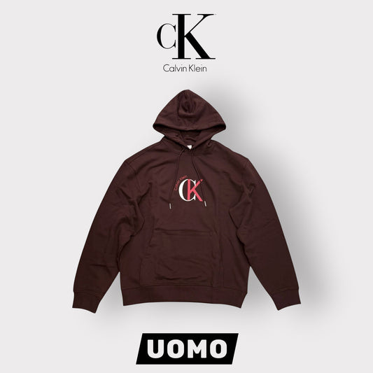CALVIN KLEIN- Felpa Oversize estiva Uomo, con cappuccio e stampa frontale, tex.cotone garzato, Col.Marrone