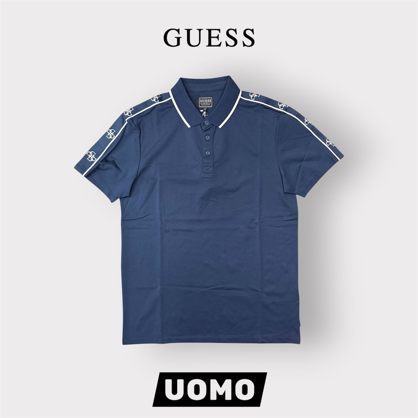 GUESS- Polo Uomo, in tessuto tecnico, con logo sulle spalle, Slim Fit, col.Blu