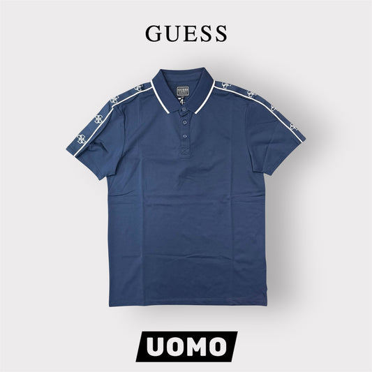 GUESS- Polo Uomo, in tessuto tecnico, con logo sulle spalle, Slim Fit, col.Blu