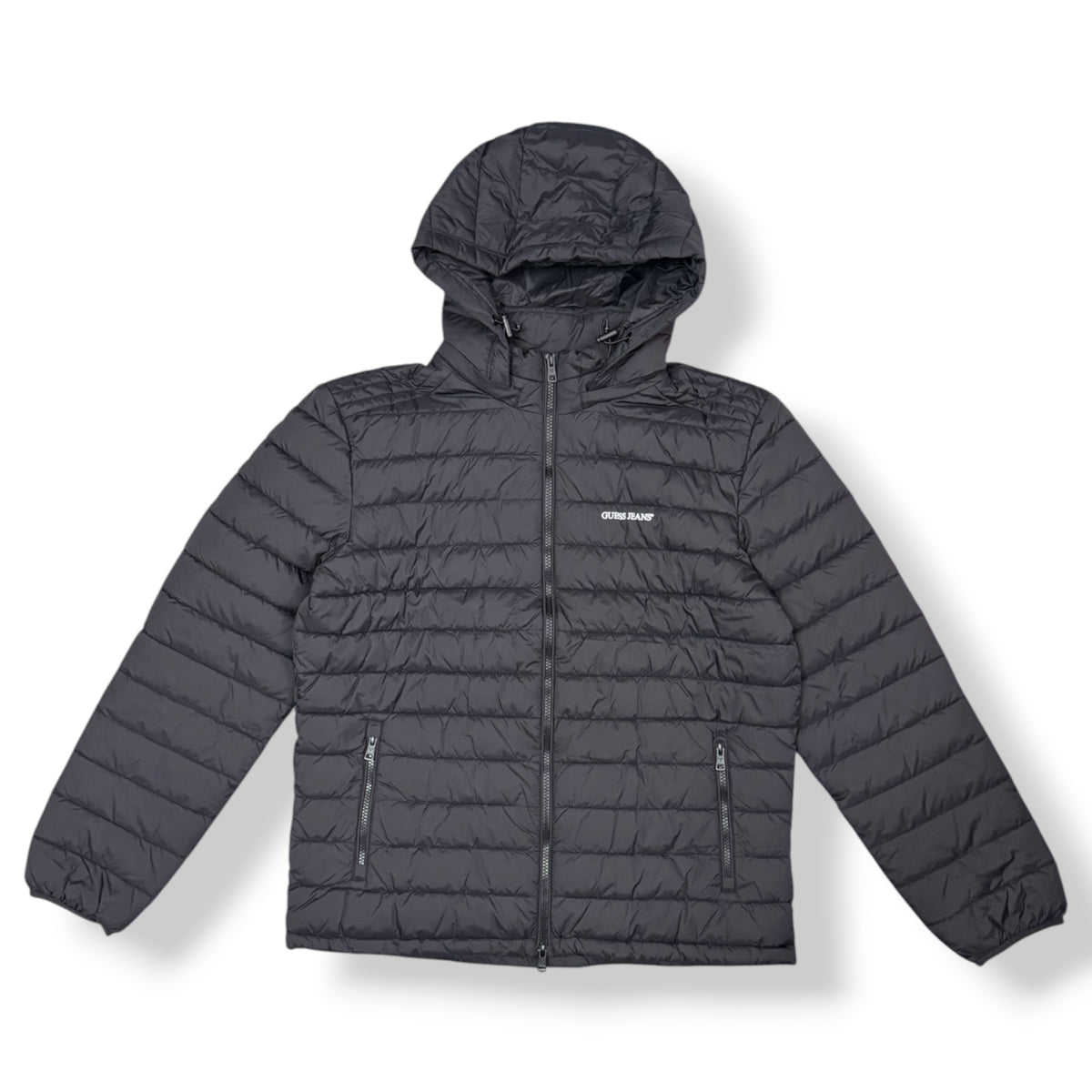 GUESS - Piumino Uomo, con scritta stampata lato cuore, Col.Nero
