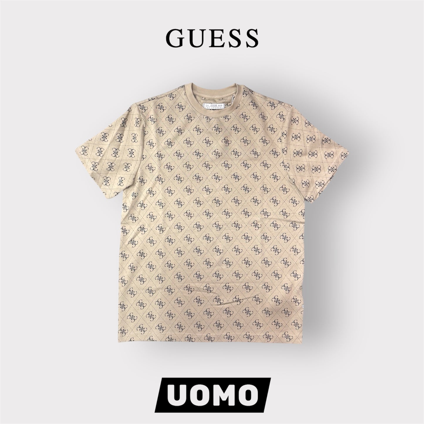 GUESS- T-shirt Uomo, in maglina, Regular Fit, col.Beige a fantasia