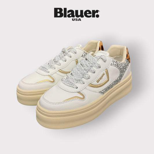 BLAUER - Scarpe Donna, con paillettes e dettaglio leopardato, col.Bianco
