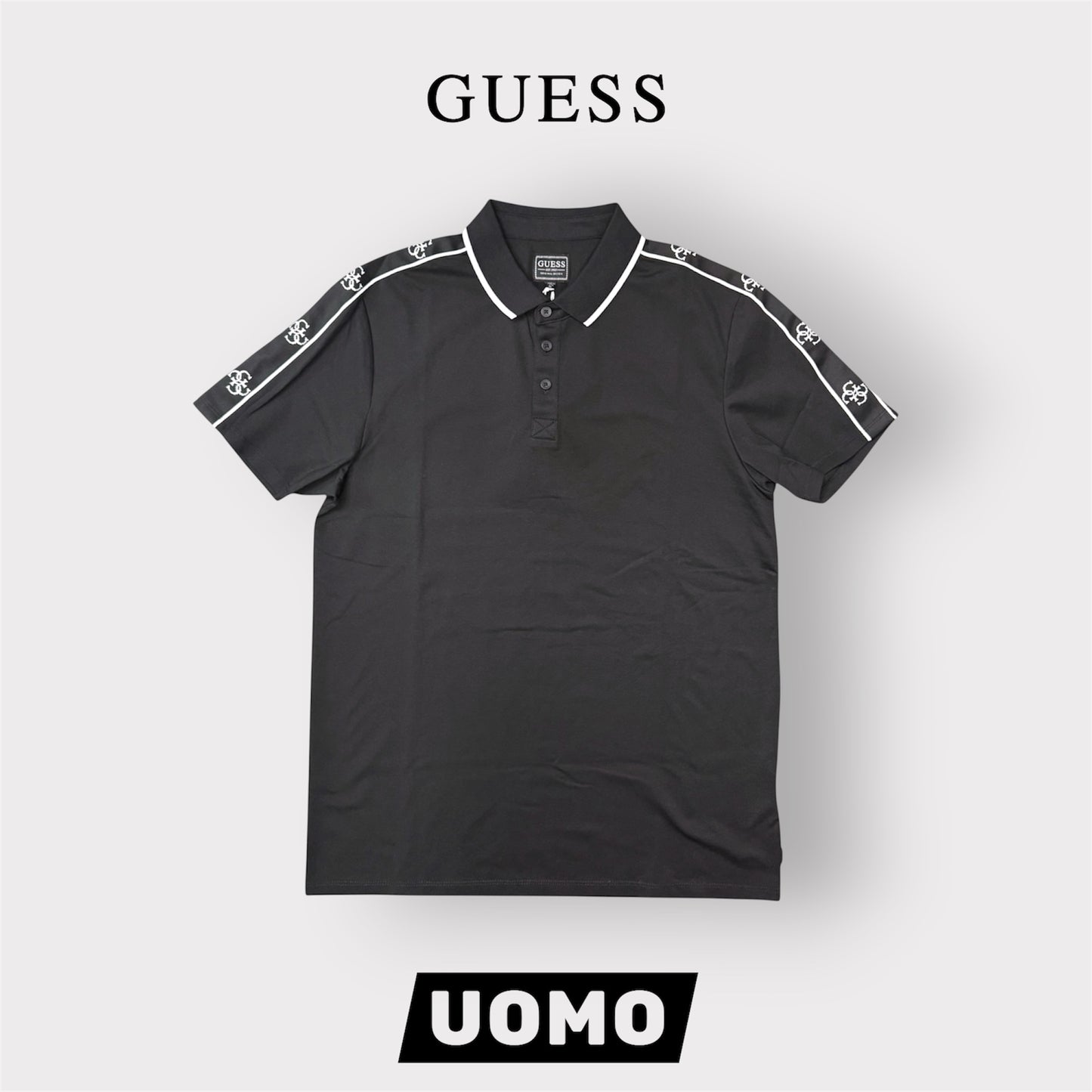 GUESS- Polo Uomo, in tessuto tecnico, con logo sulle spalle, Slim Fit, col.Nero