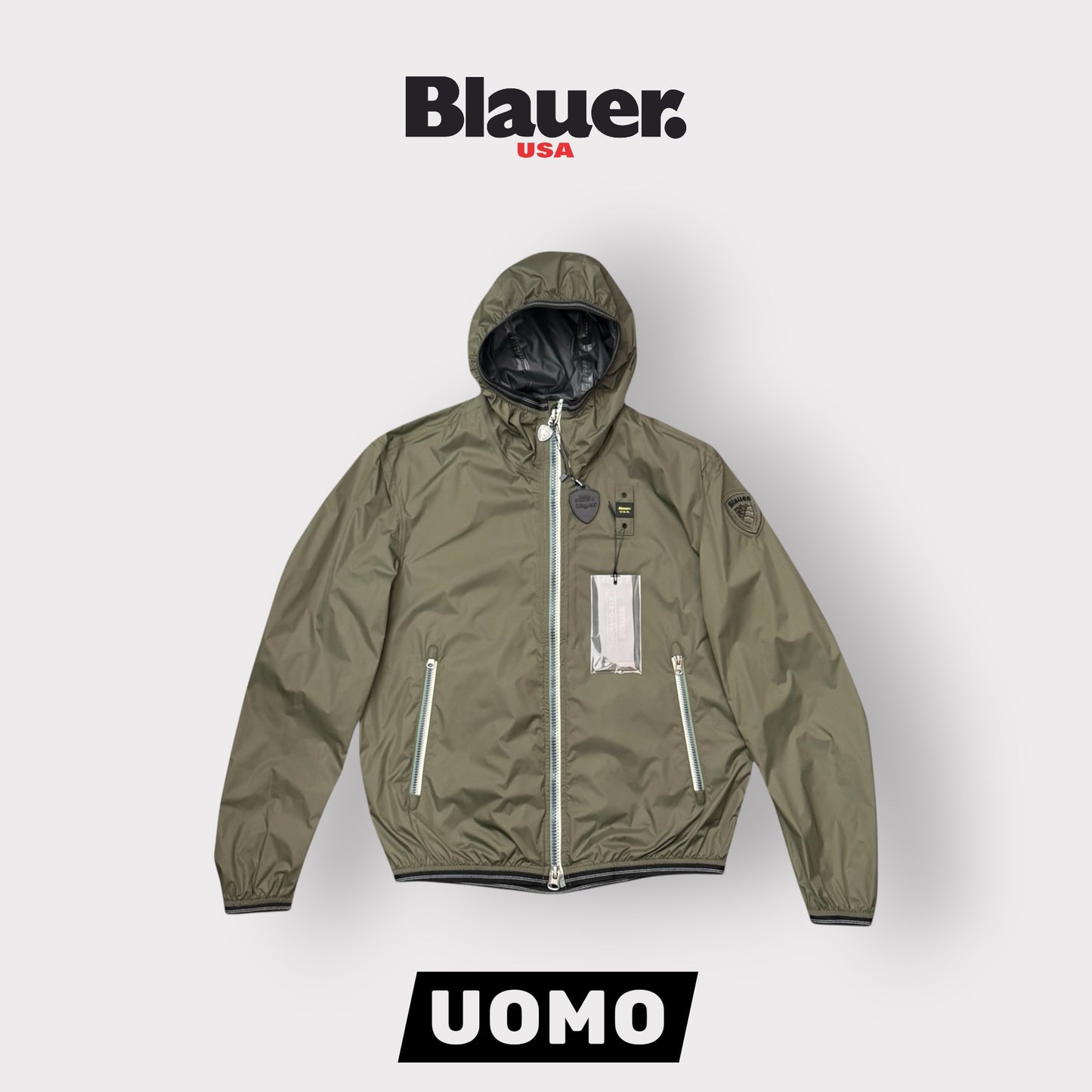 Giubbotto BLAUER Uomo, antivento con cappuccio e zip a contrasto, mod.DODGE, Col.Verde militare