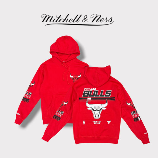 MITCHELL & NESS - Felpa Uomo CHICAGO BULLS con cappuccio e stampa schienale, tex.felpato, Col.Rosso