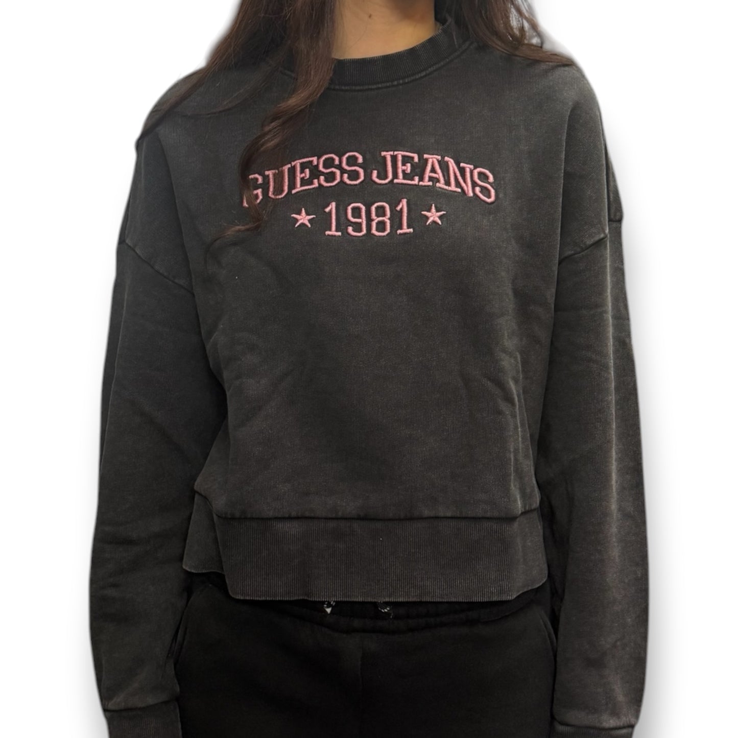 GUESS-Felpa estiva Donna, girocollo e con ricamo frontale rosa, tex.cotone garzato, Col.Grigio scuro