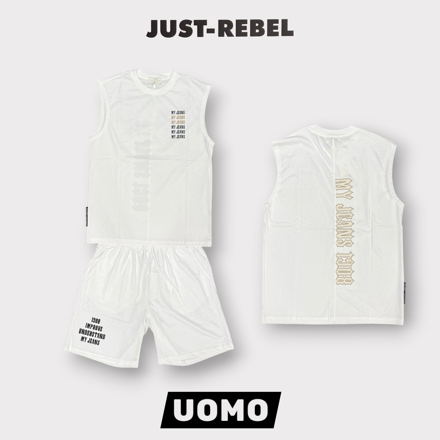 JUST REBEL - Completino estivo Uomo con stampa schienale, Col.Bianco