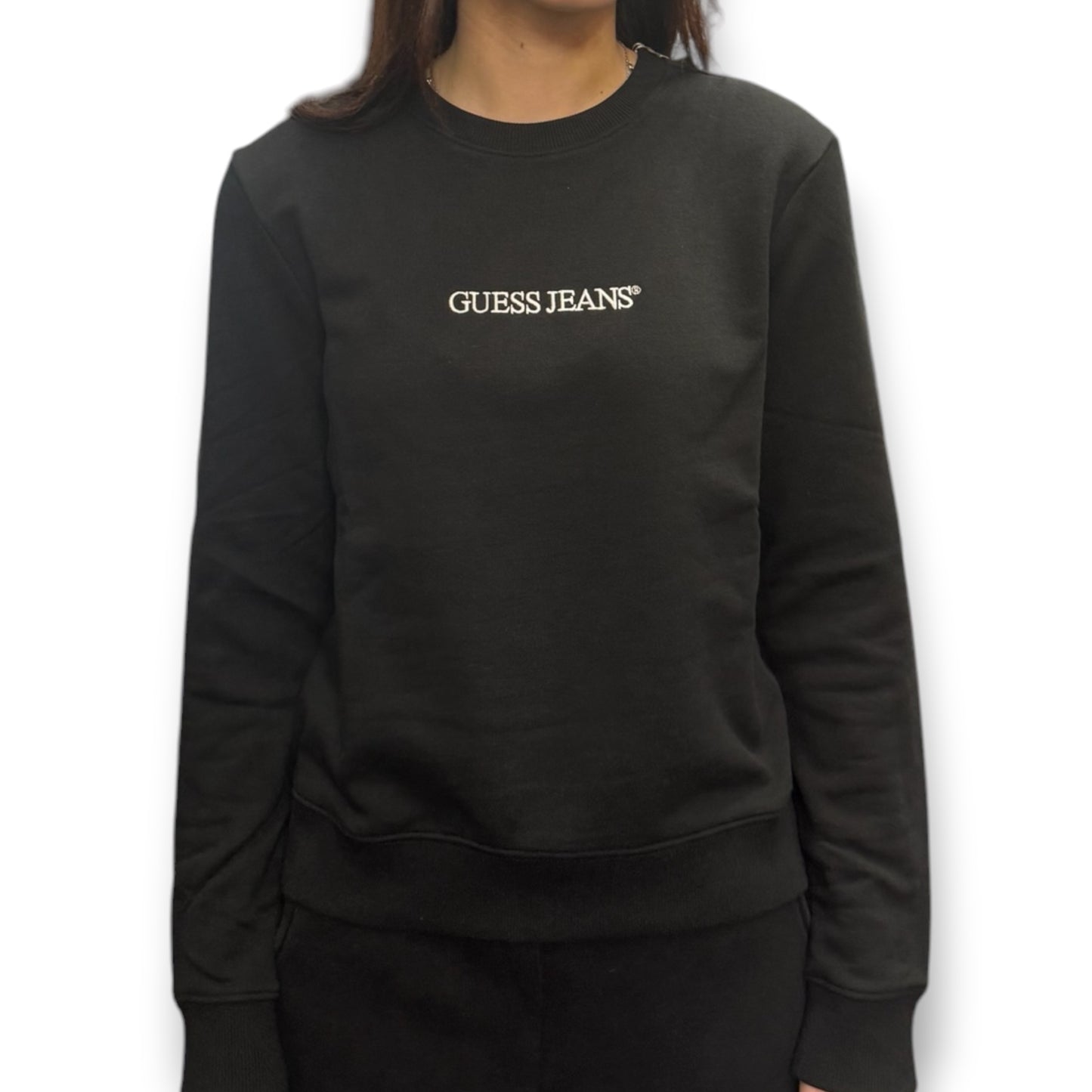 GUESS-Felpa estiva Donna, girocollo e con ricamo frontale, tex.cotone garzato, Col.Nero