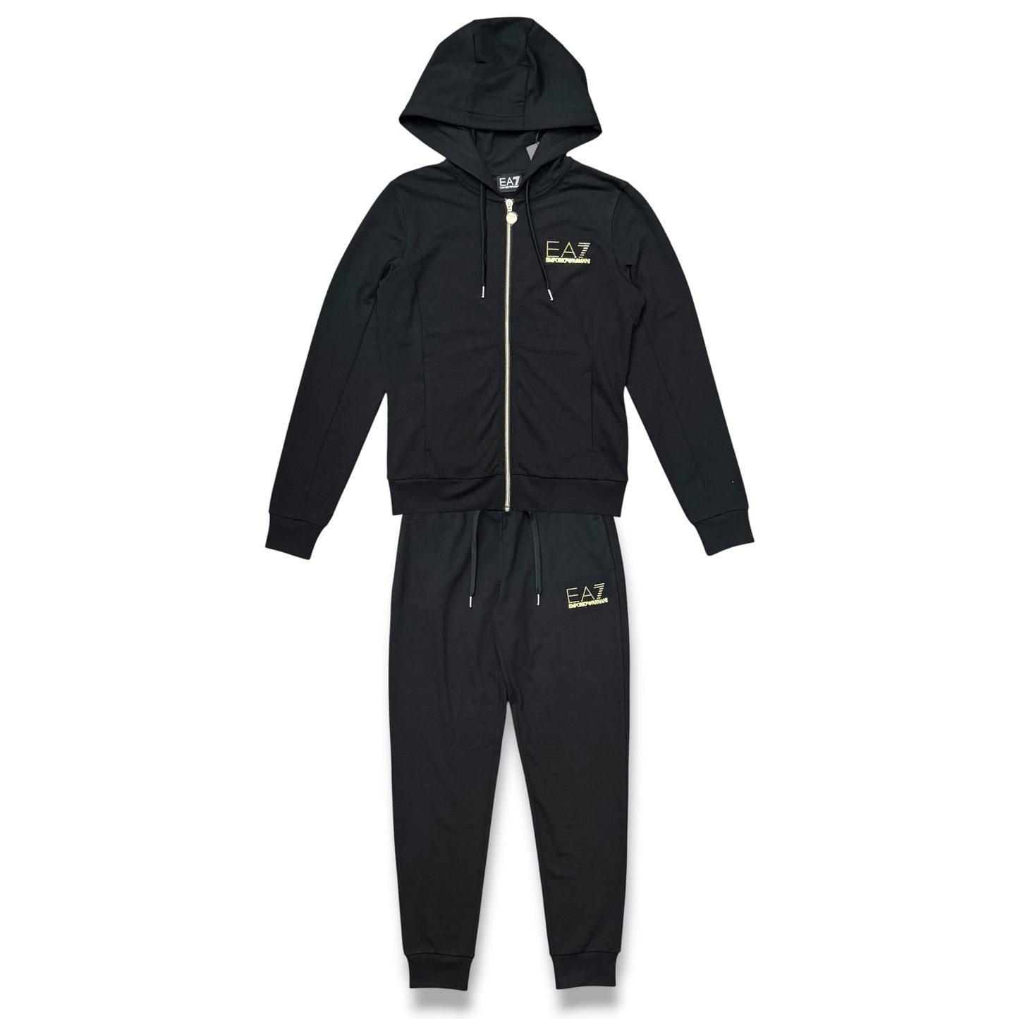 EA7 EMPORIO ARMANI- Tuta completa Donna con cappuccio con zip, con logo brillantinato lato cuore, primaverile, Col.Nero