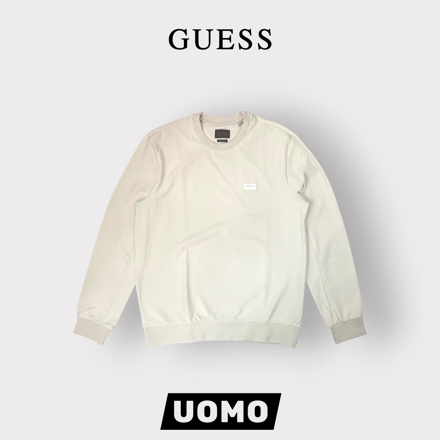 GUESS-Felpa estiva Uomo, girocollo, con logo gommato lato cuore, SlimFit, tex.Tech Stretch, col.Panna