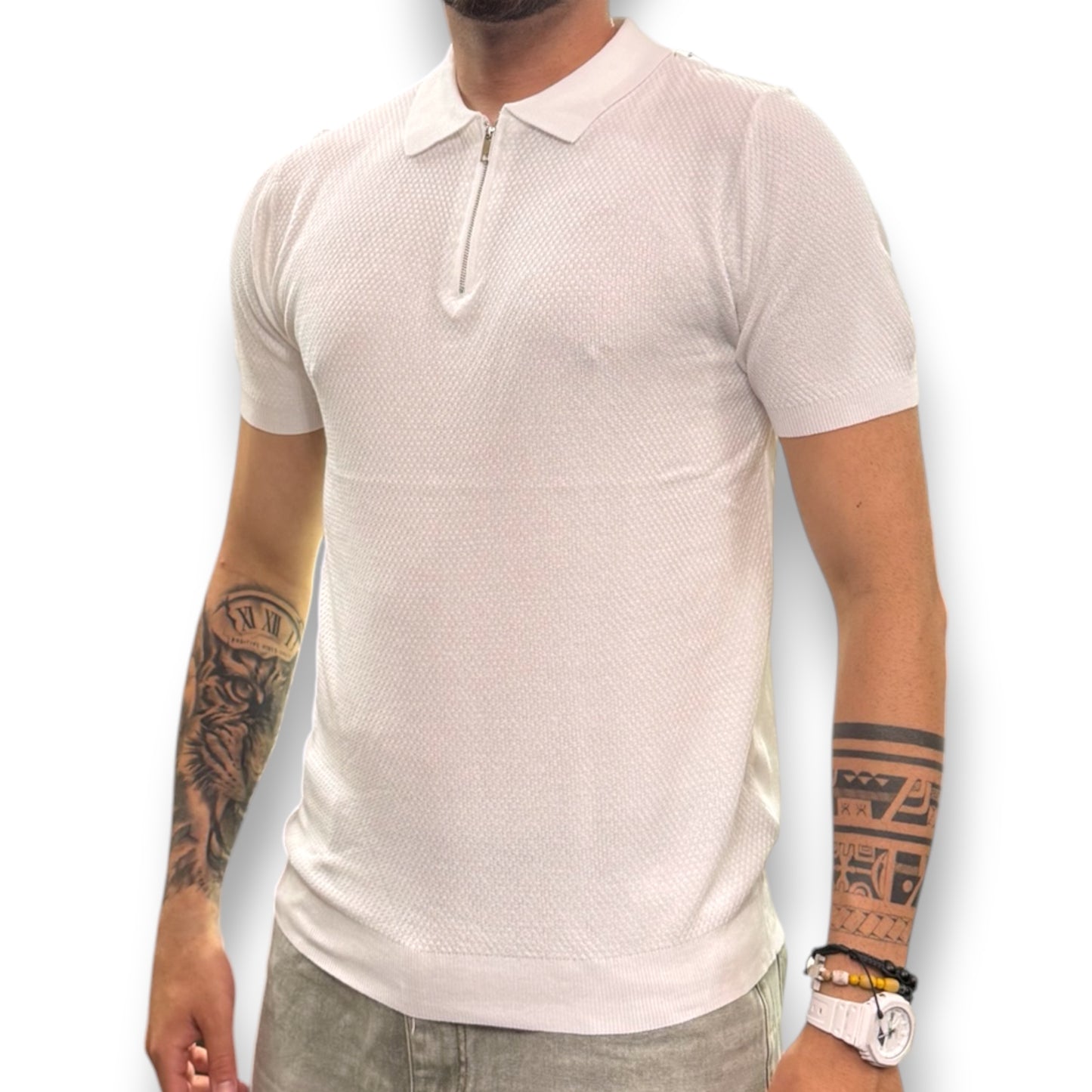BRUNO LEONI - Polo Uomo con mezza zip, in filo, Col.Bianco