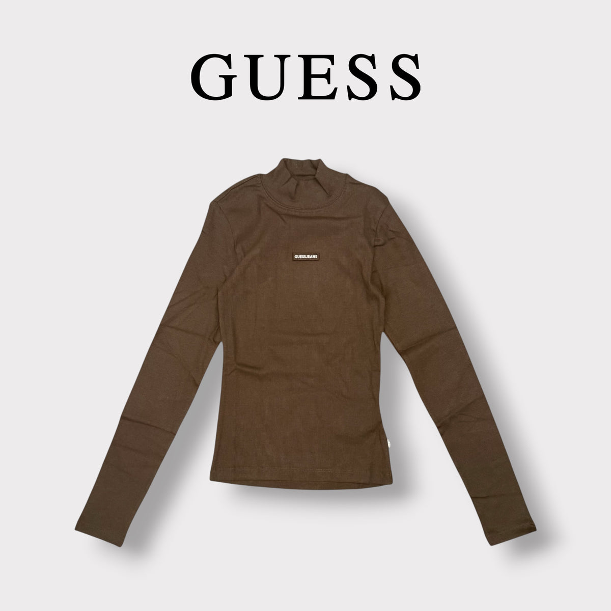 GUESS JEANS- T-shirt Donna, manica lunga e colletto, a costine, con targhetta frontale piccola, Col.Marrone