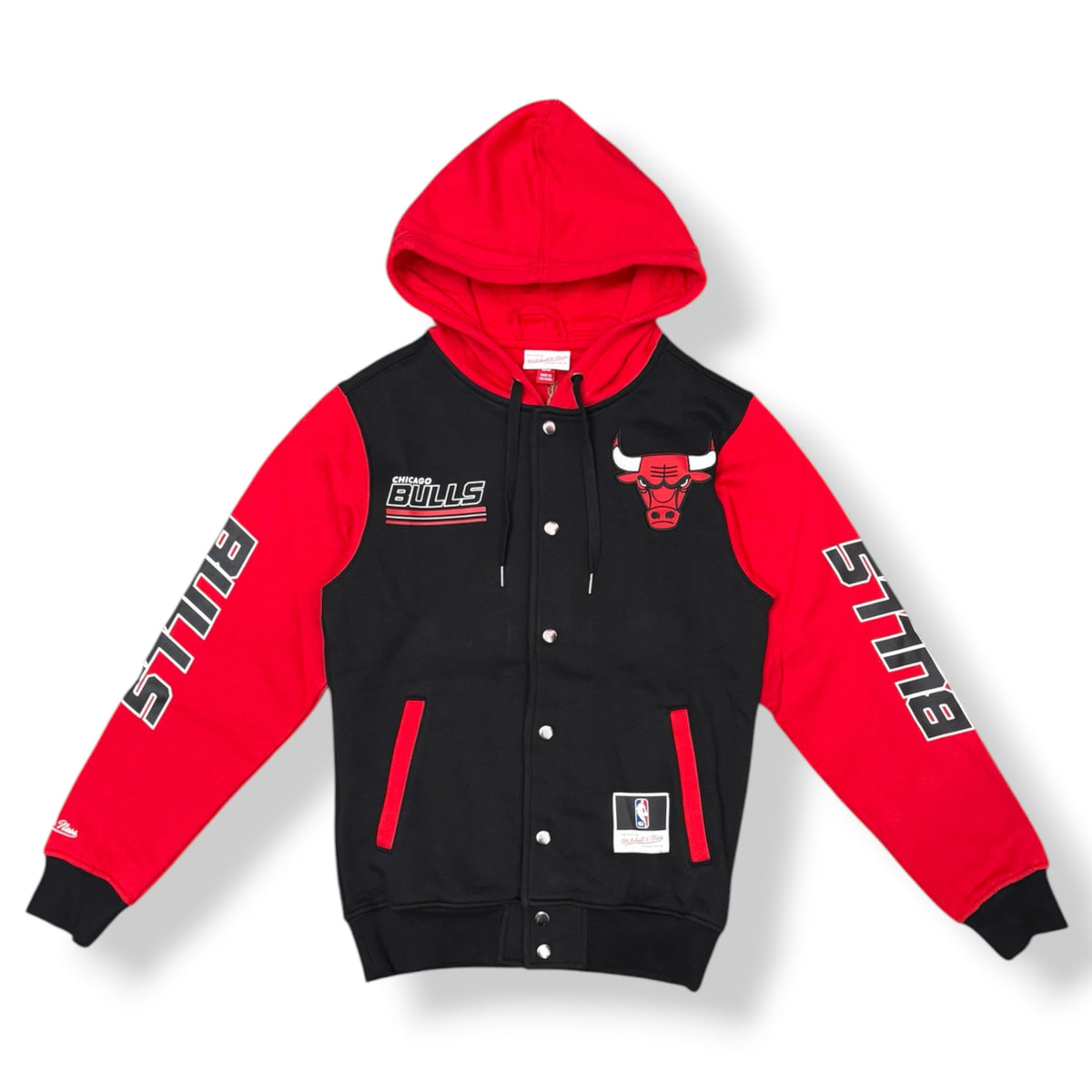 MITCHELL & NESS - Felpa Uomo CHICAGO BULLS con cappuccio, con bottoni, tex.felpato, Col.Nero/Rosso
