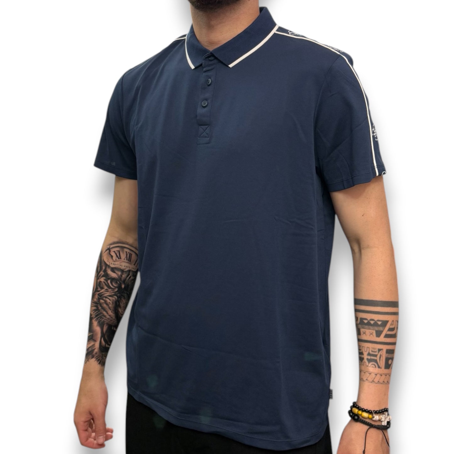 GUESS- Polo Uomo, in tessuto tecnico, con logo sulle spalle, Slim Fit, col.Blu