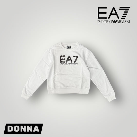 Felpa EMPORIO ARMANI Donna girocollo, tex. garzato, con logo con paillettes, Col.Bianco