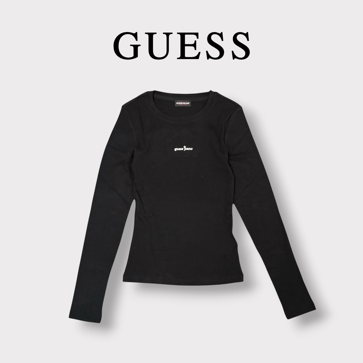 GUESS JEANS- T-shirt Donna, manica lunga, tex.costine, con scritta ricamata frontale, Col.Nero
