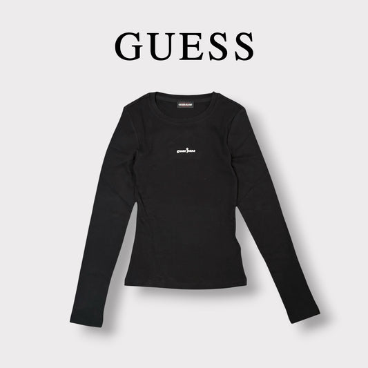 GUESS JEANS- T-shirt Donna, manica lunga, tex.costine, con scritta ricamata frontale, Col.Nero