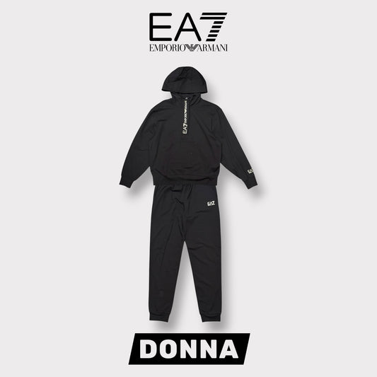 EA7 EMPORIO ARMANI- Tuta completa Donna con cappuccio con mezza zip e bottoncini, primaverile, col.Nero